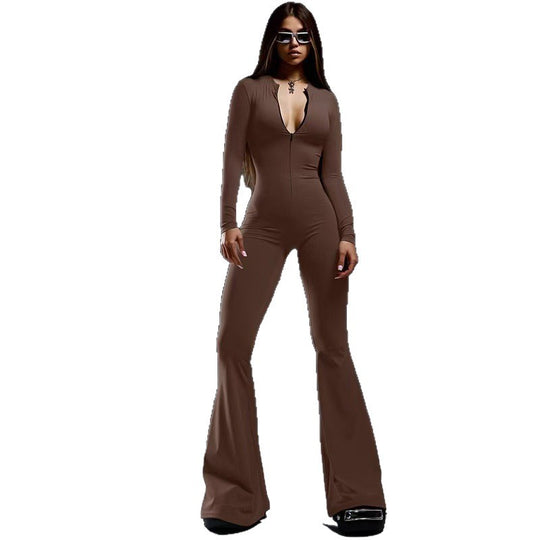 Damen Figurbetonter Jumpsuit mit tiefem V-Ausschnitt und ausgestellten Beinen EB