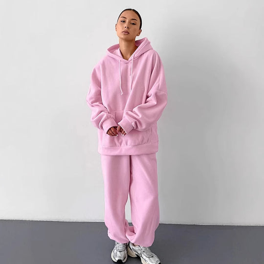 Damen Fleece Lounge-Set mit weiten Beinen und Kapuze EB