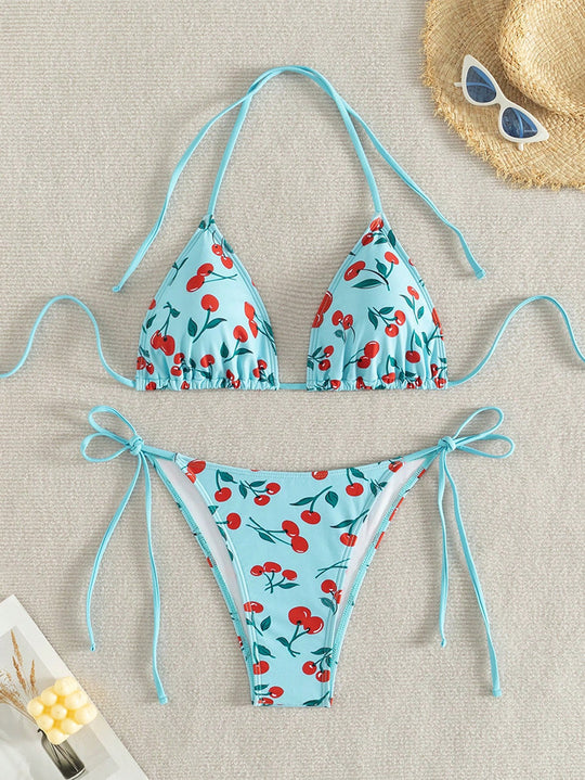 Damen Triangel-Bikini mit fröhlichem Kirschdesign und verstellbaren Bindebändern EB