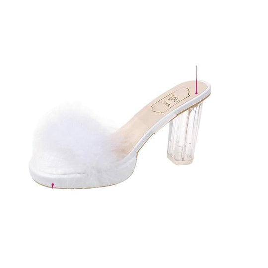 Damen Glamouröse Sommer Mules mit transparentem Riemen und plüschiger Verzierung EB
