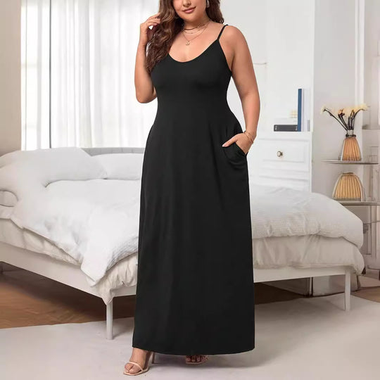 Damen Maxikleid mit schmalen Spagettiträgern und praktischen Seitentaschen EB