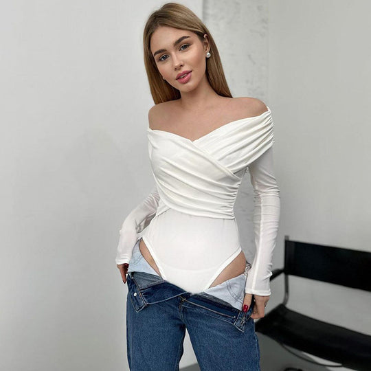 Damen Off-Shoulder Bodysuit mit Raffungen und langen Ärmeln EB