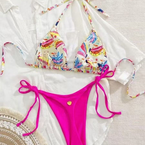 Damen Bikini-Set mit buntem Obstmuster und seitlichem Knoten EB