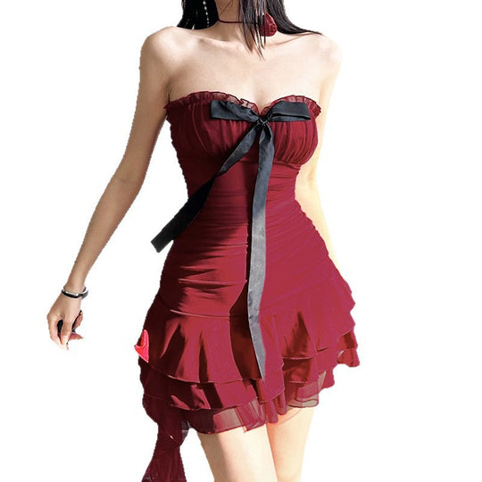 Damen elegantes Wickelkleid mit voluminösen Rüschendetails und Taillenband EB