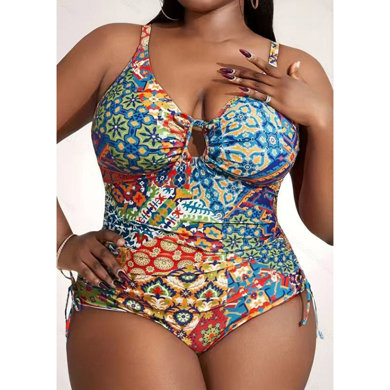 Damen Design-Badeanzug mit dekorativem Knoten und buntem Muster EB