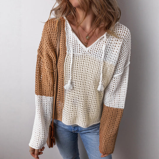 Damen luftiger Strickpullover mit modernem Netzstruktur-Design und dekorativen Kordeln EB