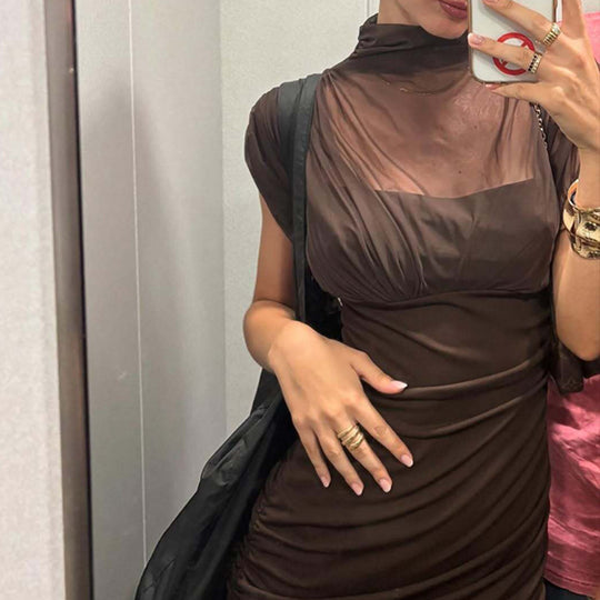 Damen Elegantes Maxikleid mit transparentem Oberteil und figurbetonendem Unterbau EB