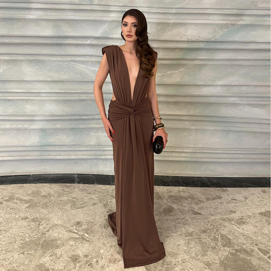 Damen elegantes Maxikleid mit tiefem V-Ausschnitt und drapiertem Bund EB