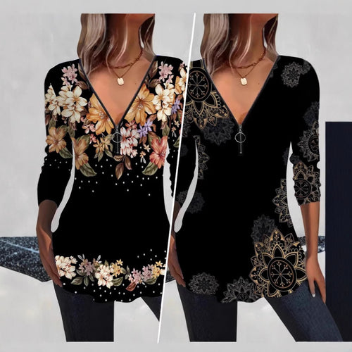 Damen Bluse mit floralen Mustern und V-Ausschnitt EB