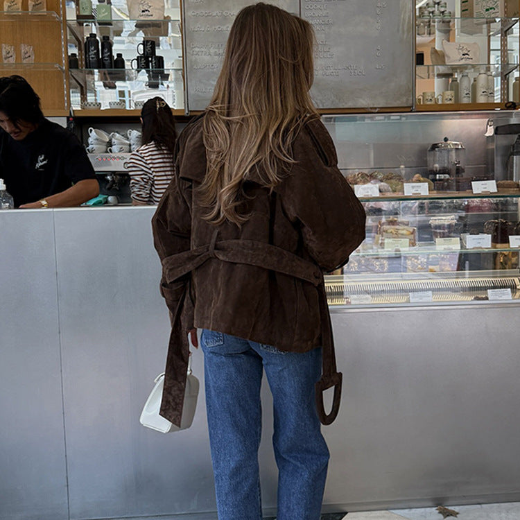 Damen Kunstlederjacke mit modischem Wickeldesign und breiten Ärmeln EB
