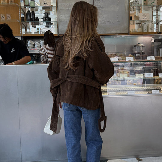 Damen Kunstlederjacke mit modischem Wickeldesign und breiten Ärmeln EB