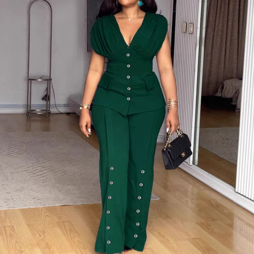 Damen Elegantes Jumpsuit mit drapiertem Oberteil und dekorativen Knöpfen EB