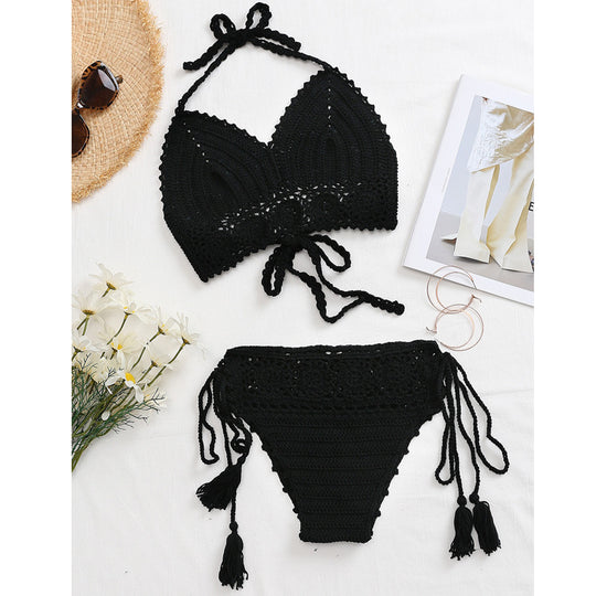 Damen Häkel-Bikini-Set mit verstellbaren Trägern und fransigen Details EB