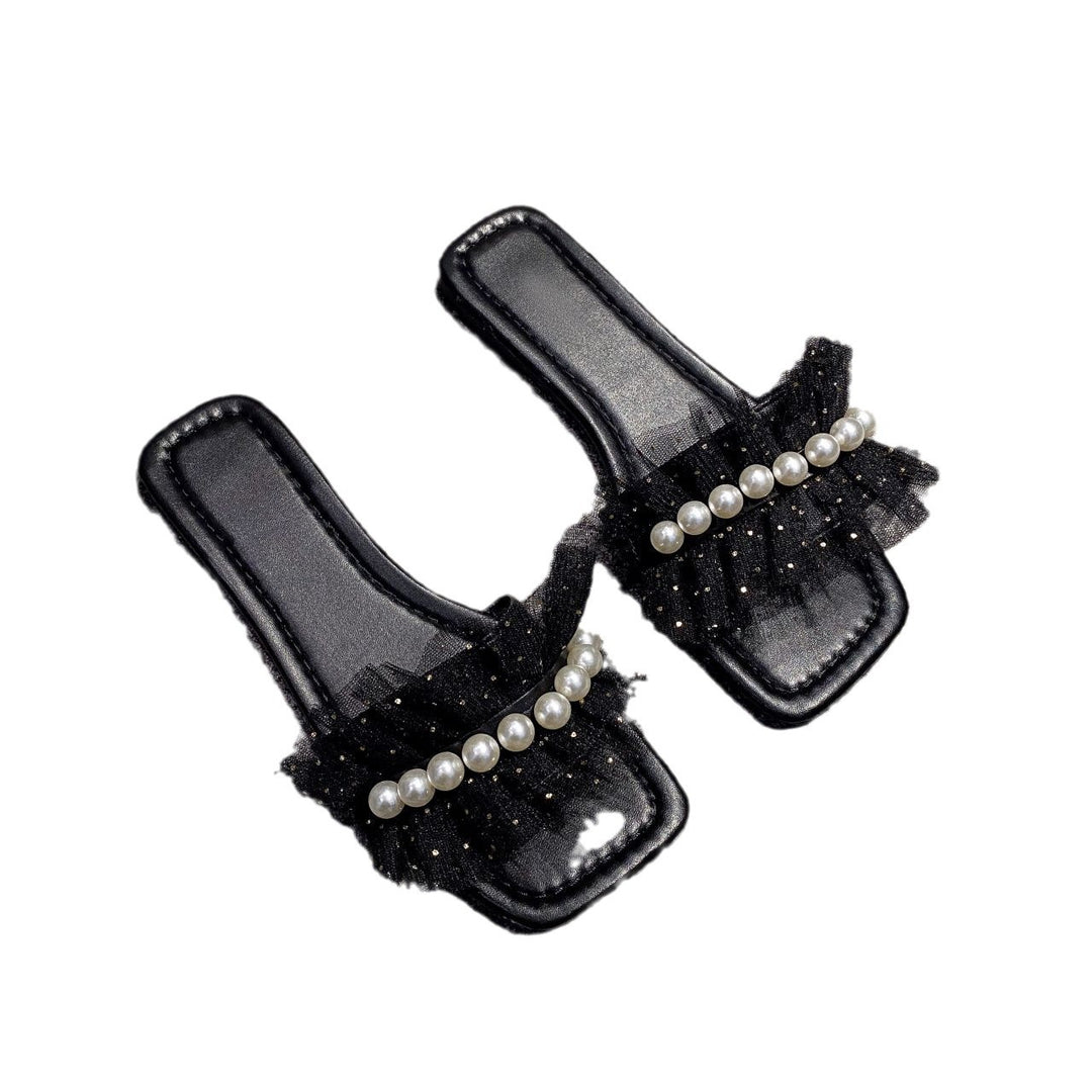 Damen Modische Slide-Sandalen mit Perlenverzierung und Tüll-Applikationen EB