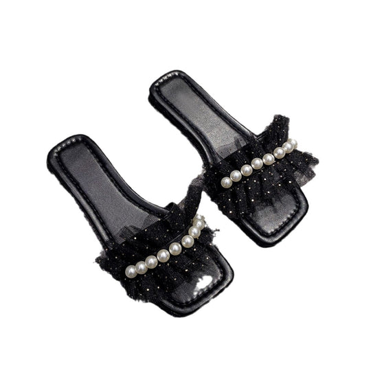 Damen Modische Slide-Sandalen mit Perlenverzierung und Tüll-Applikationen EB
