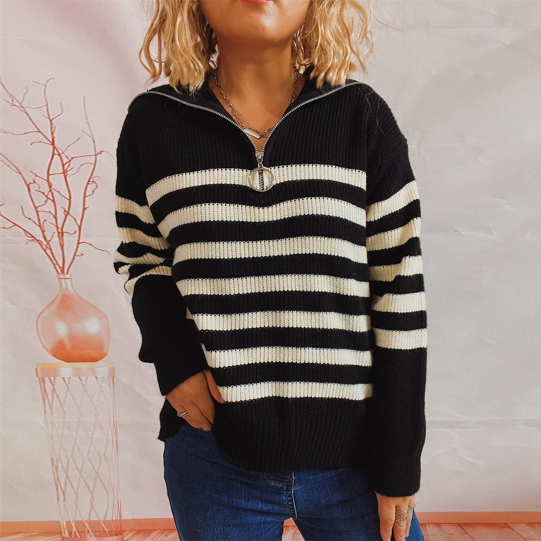 Damen gestreifter Pullover mit modernem Stehkragen und kurzer Reißverschluss EB