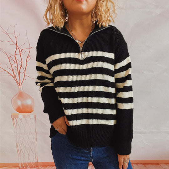 Damen gestreifter Pullover mit modernem Stehkragen und kurzer Reißverschluss EB