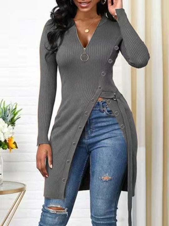 Damen figurbetontes Wickelshirt mit Knopfdetails und tiefem V-Ausschnitt EB