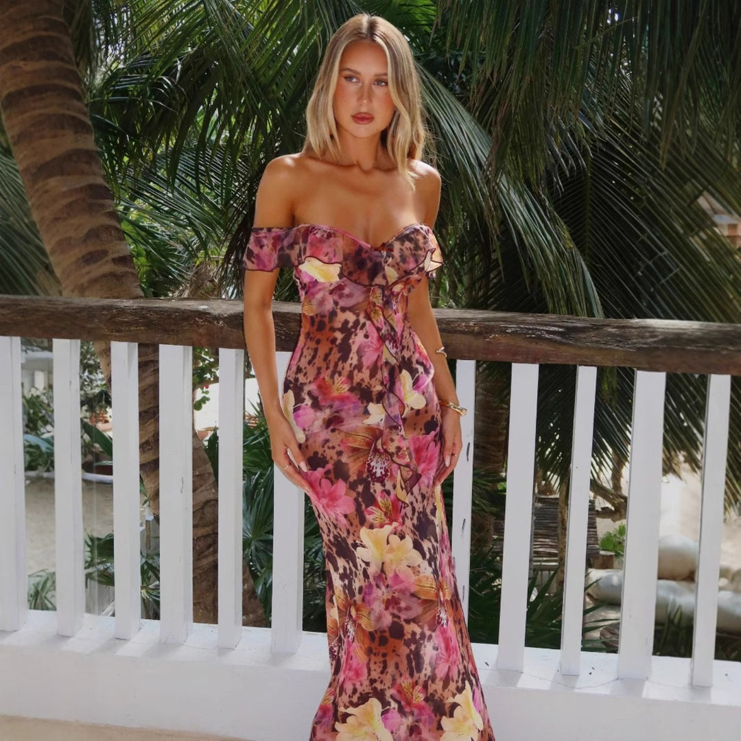 Damen Off-Shoulder Maxikleid mit floralem Muster und Rüschendetails EB