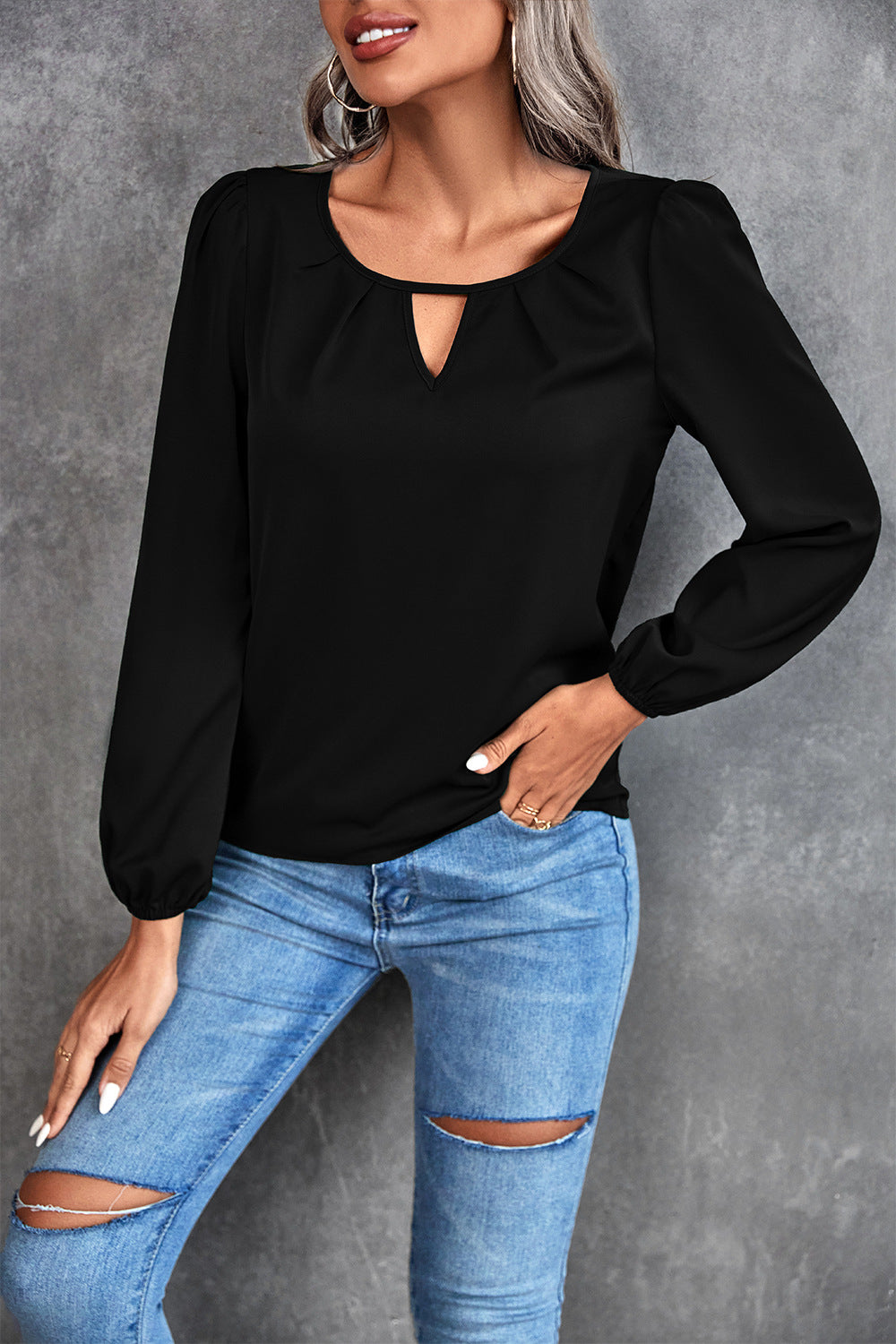 Damen Elegante Bluse mit leichtem V-Ausschnitt und Puffärmeln EB