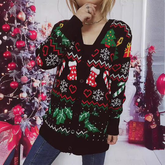 Damen Weihnachts-Strickjacke mit festlichem Motiv und praktischem Knopfverschluss EB