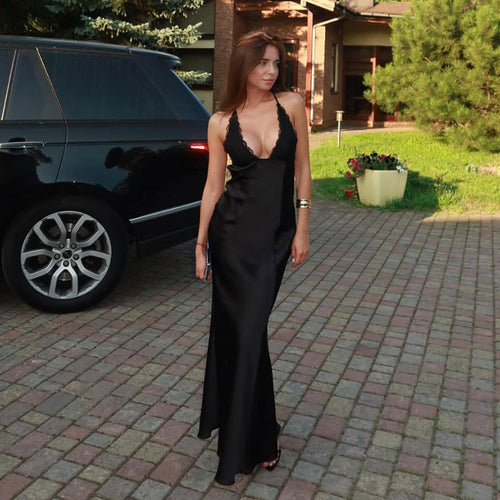 Damen elegantes langes Kleid mit verführerischem Spitzendetail und tiefem Ausschnitt EB