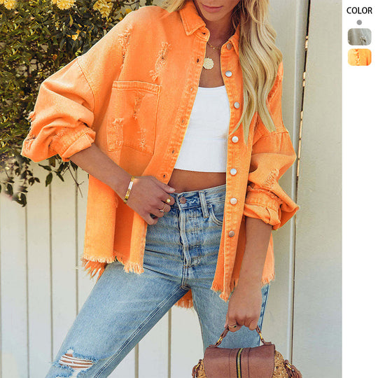 Damen Lässige Oversized Jeansjacke mit fransigen Abschlüssen und dekorativen Knöpfen EB