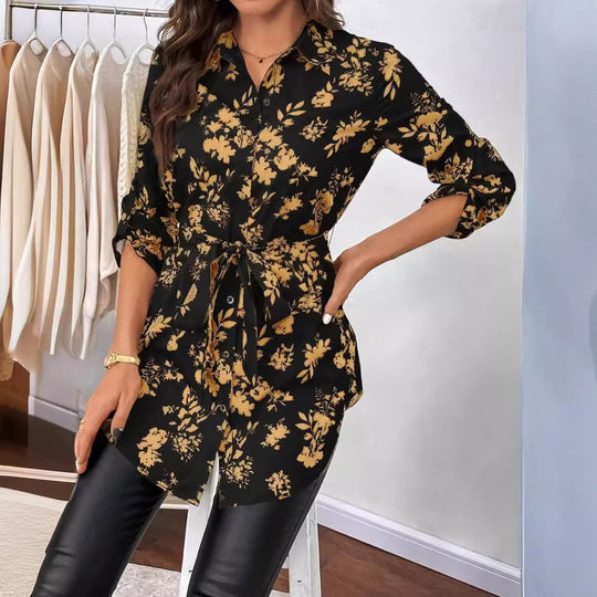 Damen lässige Bluse mit floralem Muster und Taillenknoten EB