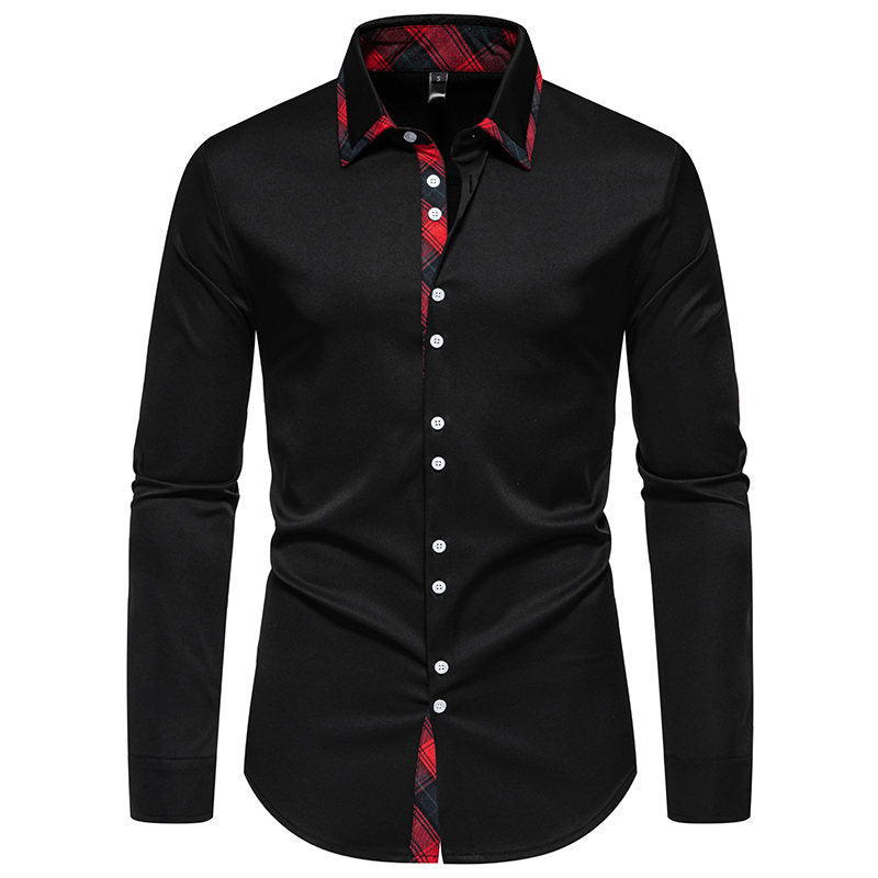 Herren elegantes Langarmhemd mit karierter Kragen-Details EB