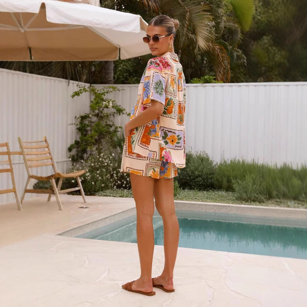 Damen Kurzarm-Hemd mit passender Shorts im floralem Design EB