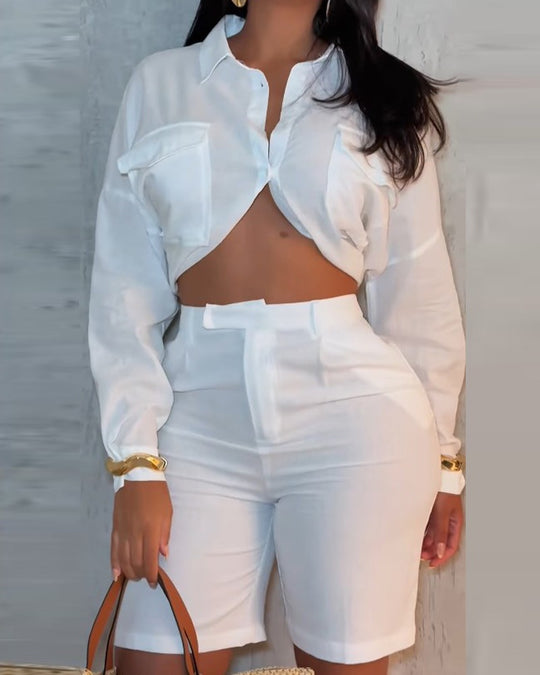 Damen Stylisches und figurbetontes Set mit Kurzbluse und Shorts EB