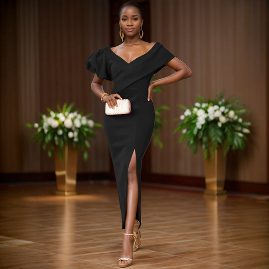 Damen Elegantes, figurbetontes Abendkleid mit asymmetrischem Ausschnitt und Puffärmeln EB