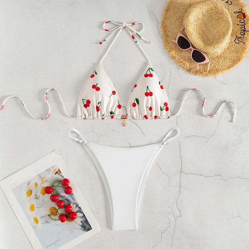 Damen Triangel-Bikini mit fröhlichem Kirschmuster und verstellbarem Schnitt EB