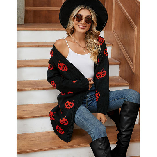 Damen Strick-Cardigan mit kreativem Halloween-Motiv Heidi-Mode
