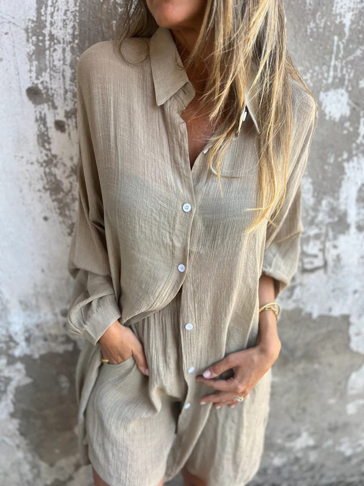 Damen Langärmlige Hemdbluse im Oversize-Stil mit Knopfleiste EB
