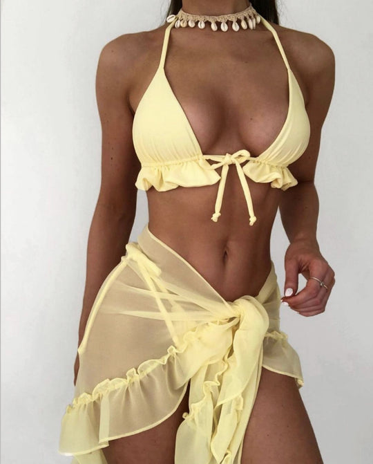Damen Bikini mit Rüschen und transparentem Wickelrock EB