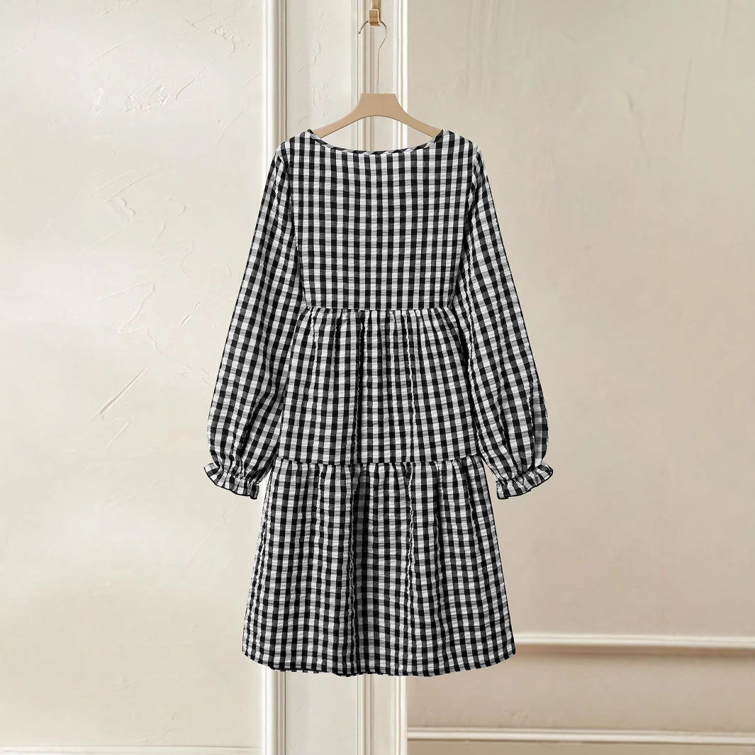Damen Karomuster Maxikleid mit langem Arm und Rüschendetail EB