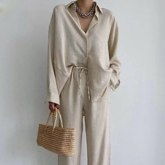 Damen lässiges Leinen Ensemble mit elegantem Hemd und weiter Hose EB