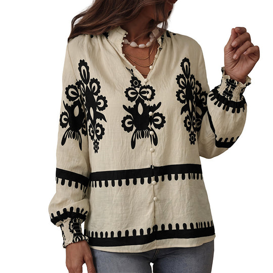 Damen Bestickte Viskosebluse mit Stehkragen, Zierknopfleiste und Smokbündchen EB