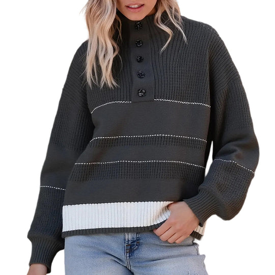 Damen modischer Strickpullover mit strukturiertem Kragen und Knopfdetails EB