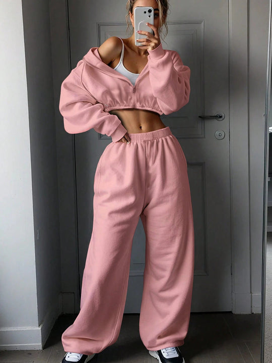 Damen nan kurzes Zip-Hoodie Cropped Sweatshirt mit Kordelzug, angesetzten Ballonärmeln und elastischem Saum EB