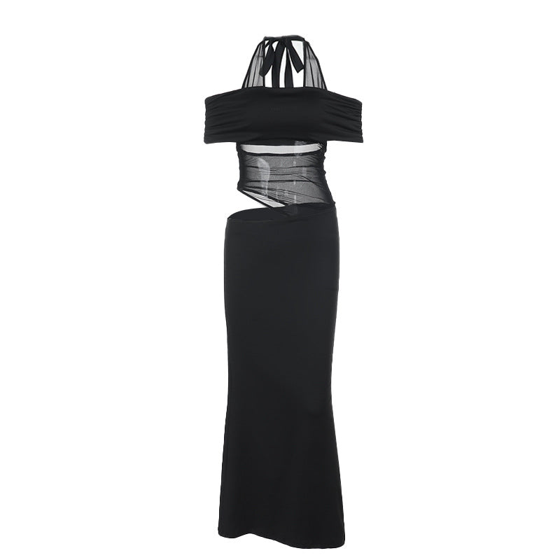 Damen schulterfreies, elegantes Maxikleid mit transparenten Einsätzen und Rüschendetails EB