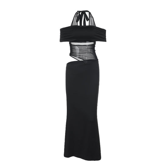 Damen schulterfreies, elegantes Maxikleid mit transparenten Einsätzen und Rüschendetails EB