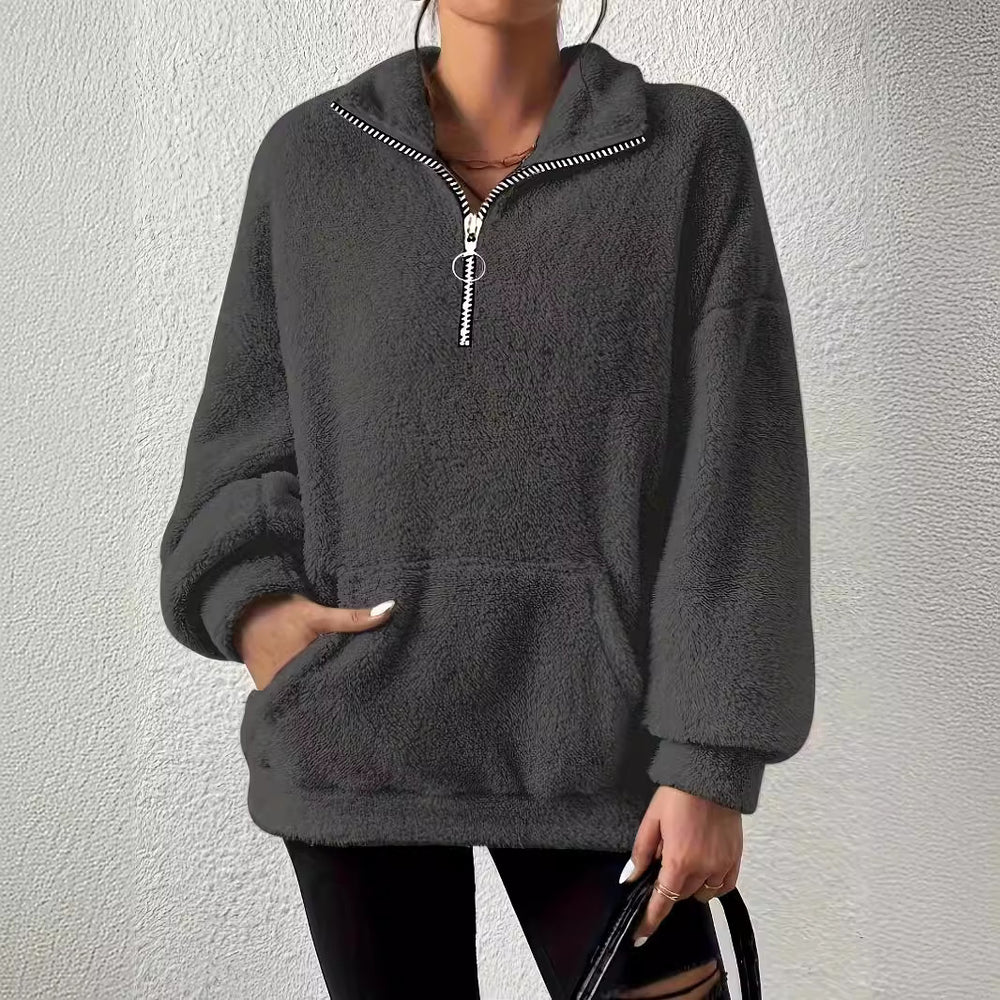 Damen kuscheliger Fleece-Pullover mit halbem Reißverschluss und Seitentaschen EB