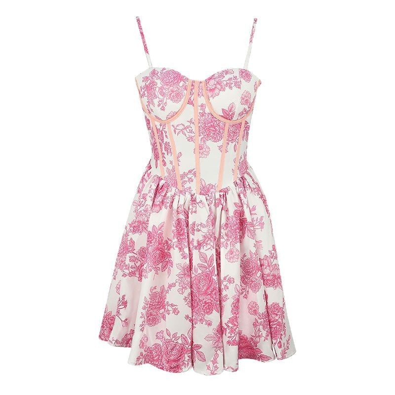 Damen Blumenkleid mit Korsett-Oberteil und schwingendem Rock EB