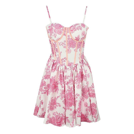Damen Blumenkleid mit Korsett-Oberteil und schwingendem Rock EB