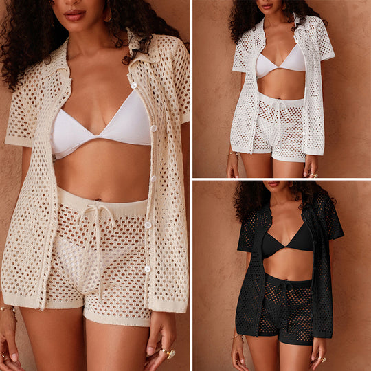 Damen luftiges Häkel-Set mit knöpfbarem Shirt und Shorts EB