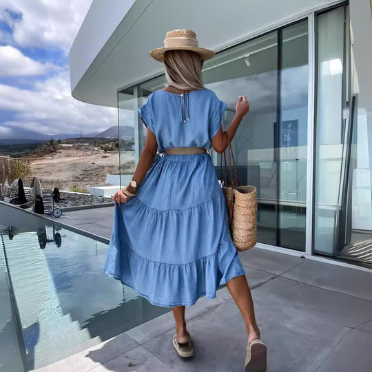 Damen Midi-Kleid mit asymmetrischem Saum und nostalgischem Denim-Stil EB