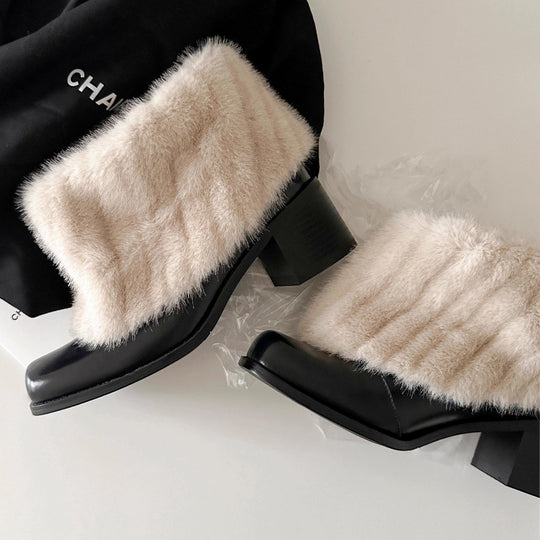 Damen Elegante Stiefeletten mit luxuriösem Kunstfellkragen und bequemem Blockabsatz EB