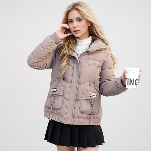 Damen gesteppte Winterjacke mit verstellbarem Kapuzenkragen und funktionalen Seitentaschen EB